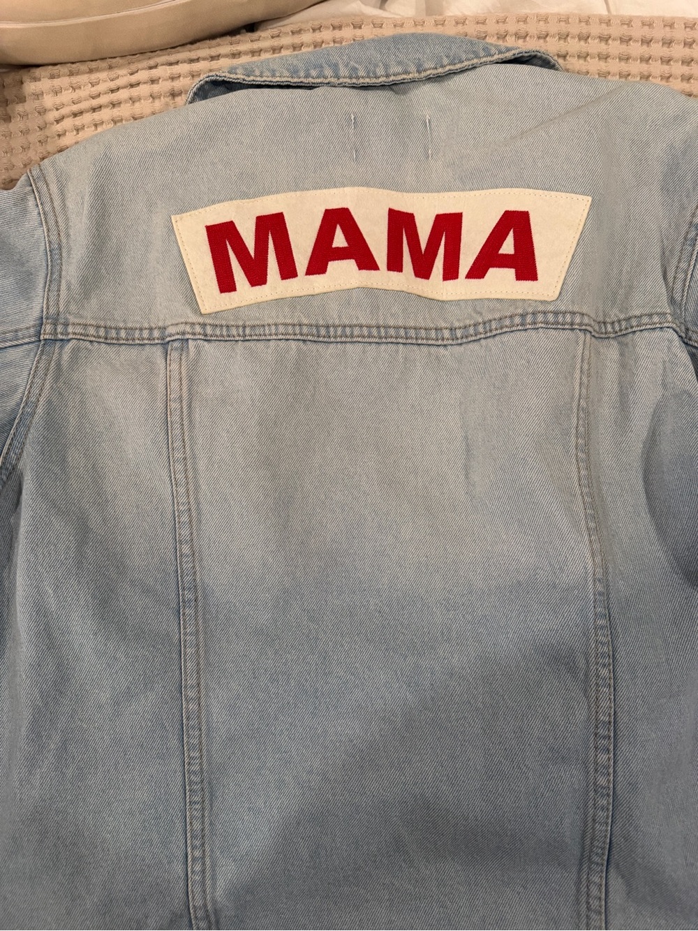 Isabel Maternity by Ingrid & Isabel Light Blue Denim Jacket with Red MAMA Patch
